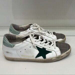 Golden Goose White Sneakers with Green Star and Plaid Accents